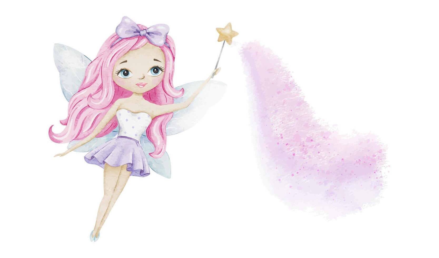 Cute little fairy with a magic wand and light blue wings. Isolated watercolor illustration. For kid's goods, clothes, postcards, baby shower and children's room vector