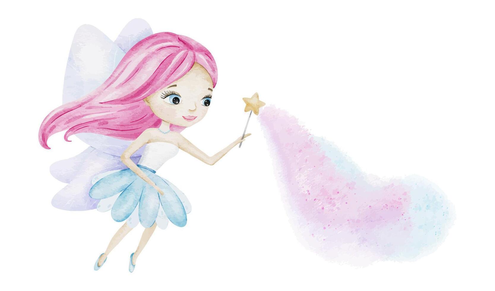 Cute little fairy with a magic wand and light blue wings. Isolated watercolor illustration. For kid's goods, clothes, postcards, baby shower and children's room vector