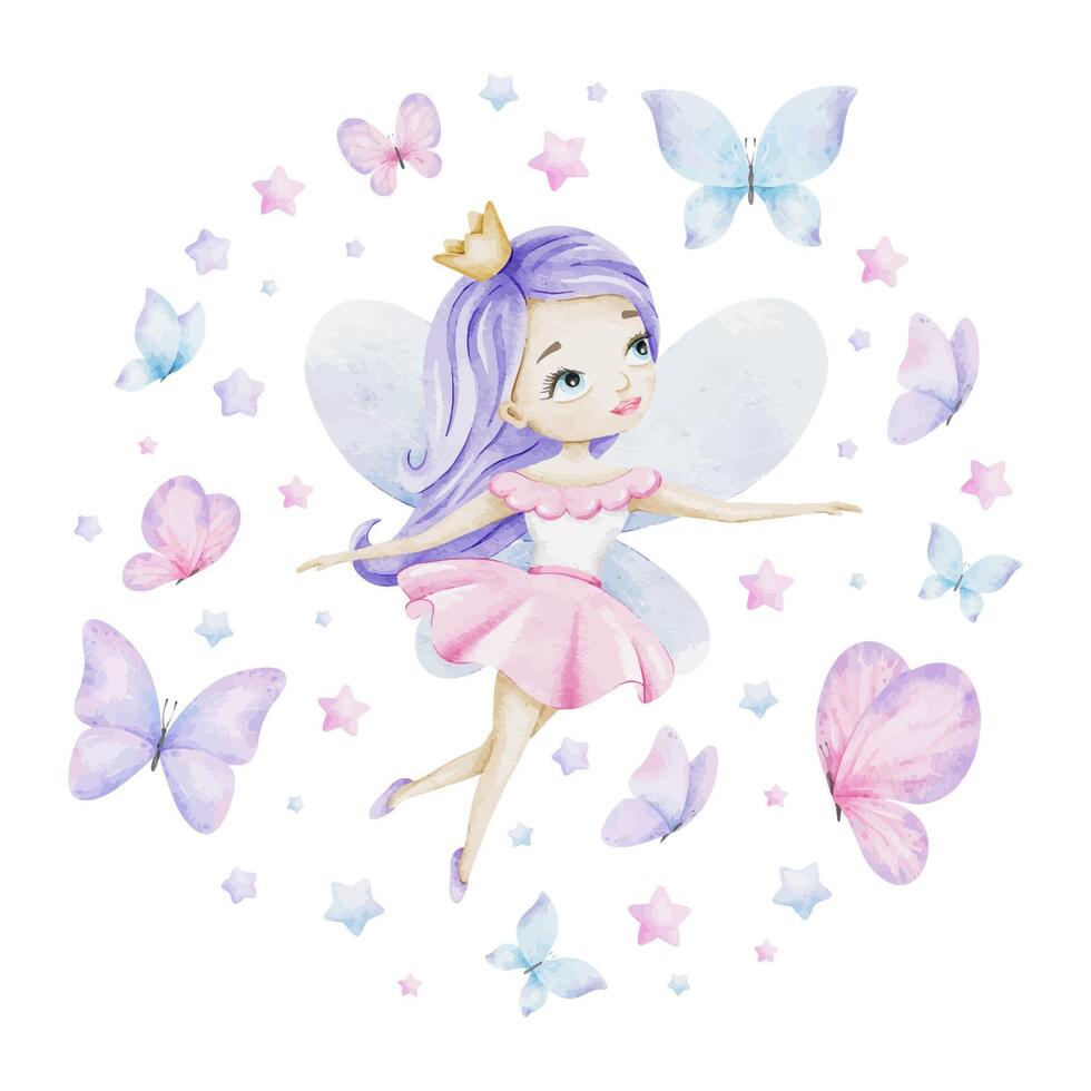 Little fairy, princess with a crown, butterflies and stars. Isolated hand draw watercolor illustration. Round composition for kid's goods, clothes, postcards, baby shower and children's room vector