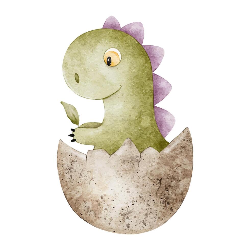 Cute green dinosaur hatched from an egg. Isolated hand drawn watercolor illustration of dino. A clipart of tyrannosaurus rex for children's invitation cards, baby shower, decoration of kid's rooms vector