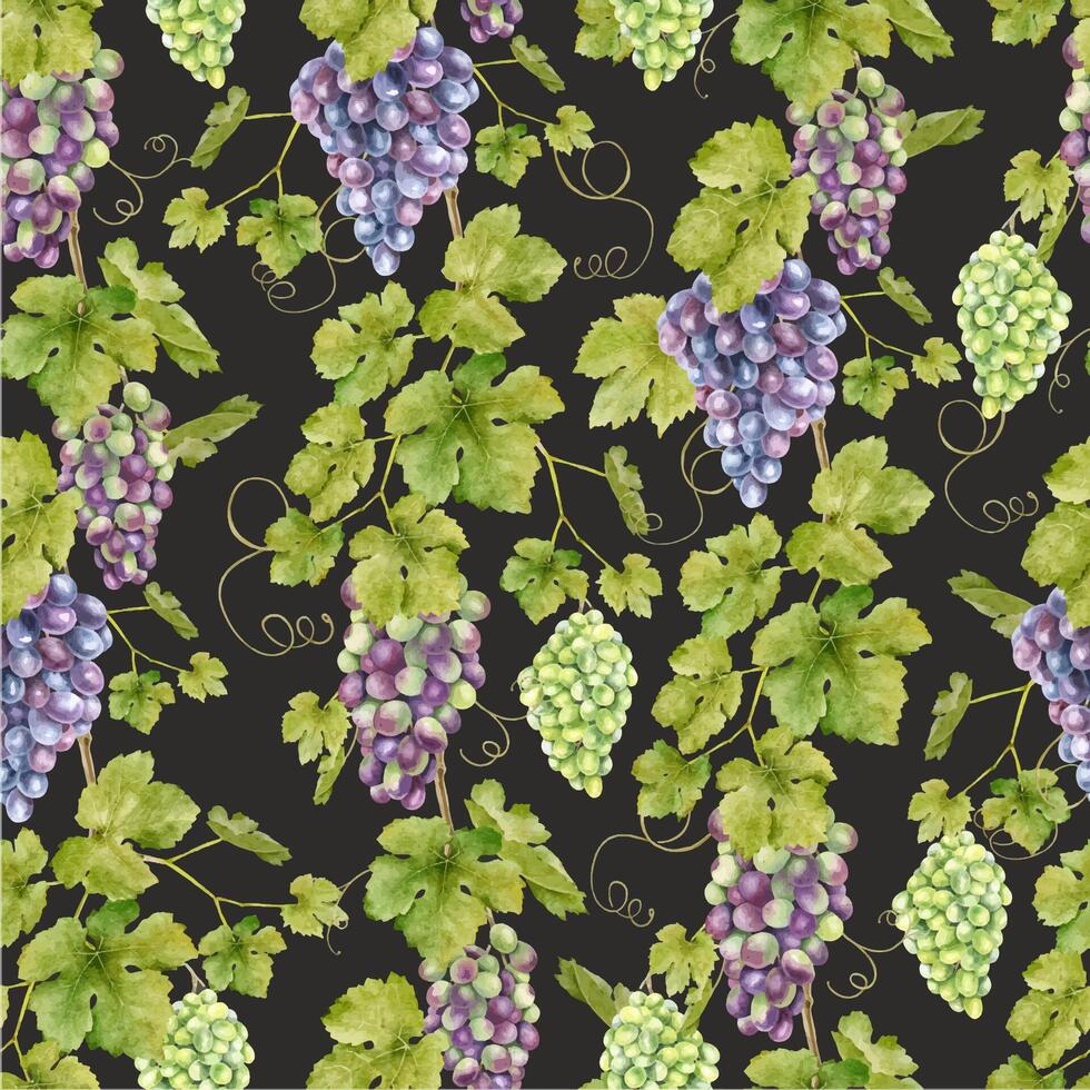 A bunch of red grapes, vines with leaves. Watercolor seamless pattern on a dark background. For fabric, packaging paper, scrapbooking, product packaging design vector