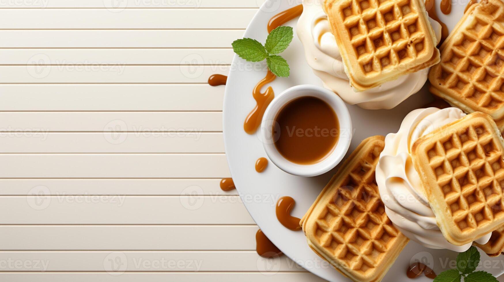 AI generated Honey syrup and vanilla cream waffle snack dessert photo