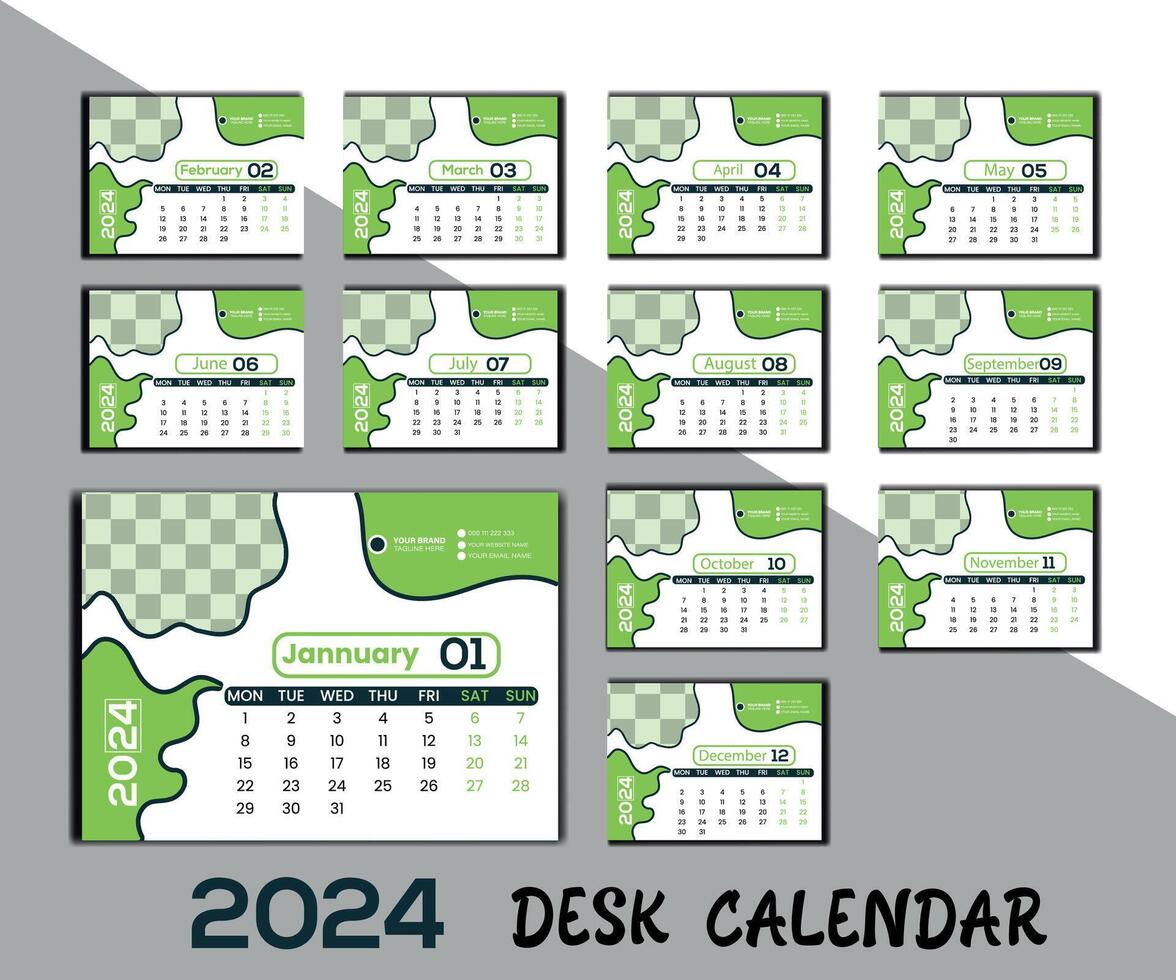 escritorio mensual foto calendario 2024. sencillo mensual horizontal foto calendario diseño para 2024 año en inglés. vector