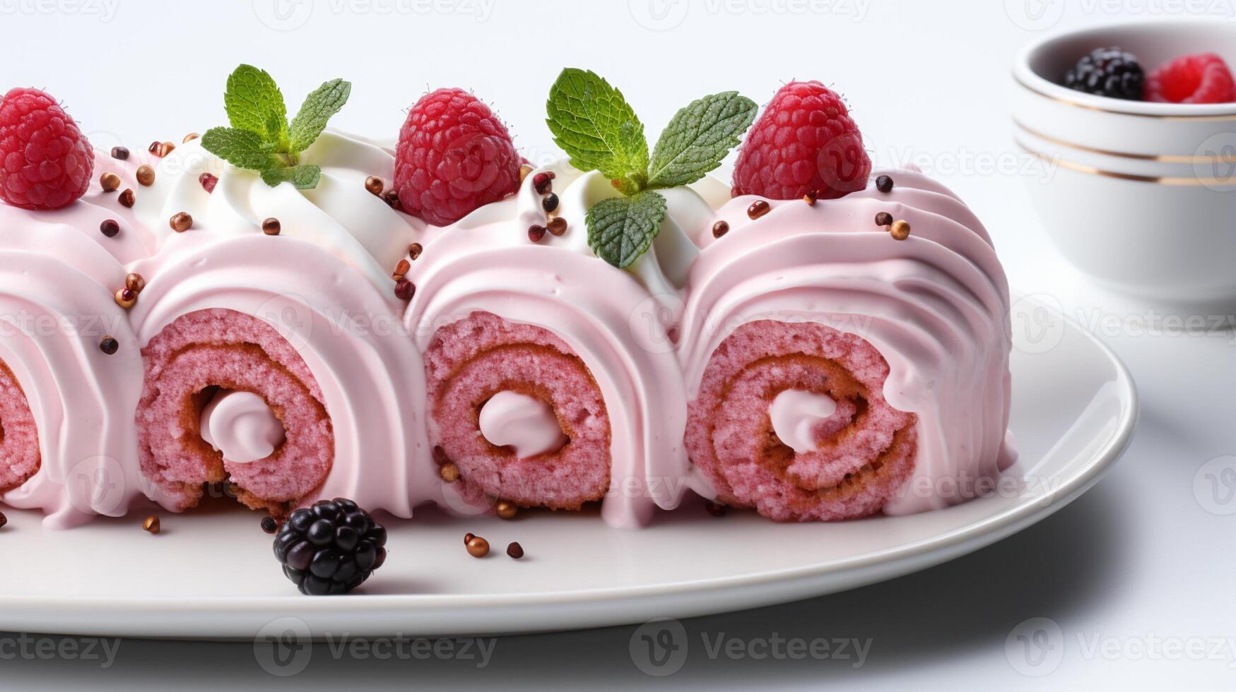 AI generated Red velvet roll cake with cream and fruit for snack dessert photo