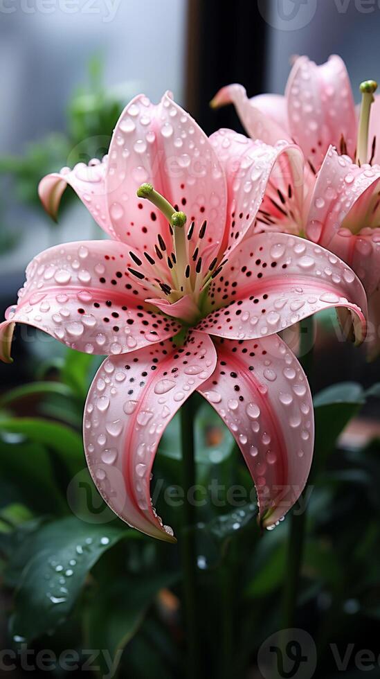 AI generated Lily pink flower blossom decoration plant wallpaper photo