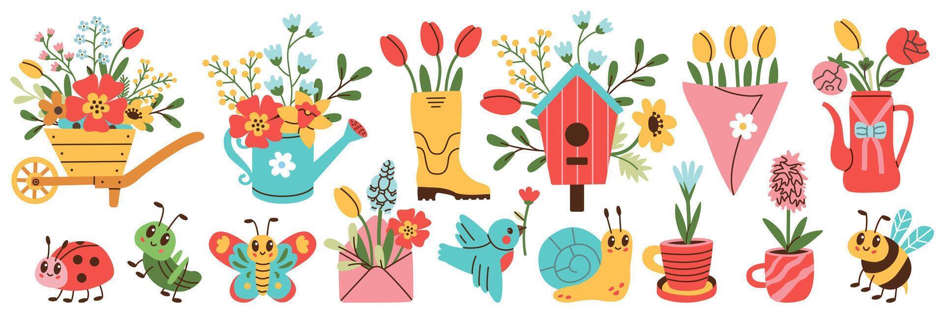 Set of spring hand drawn elements. Floral decor. Flowers, branches, bouquets, watering can, teapot, birdhouse, insects. vector