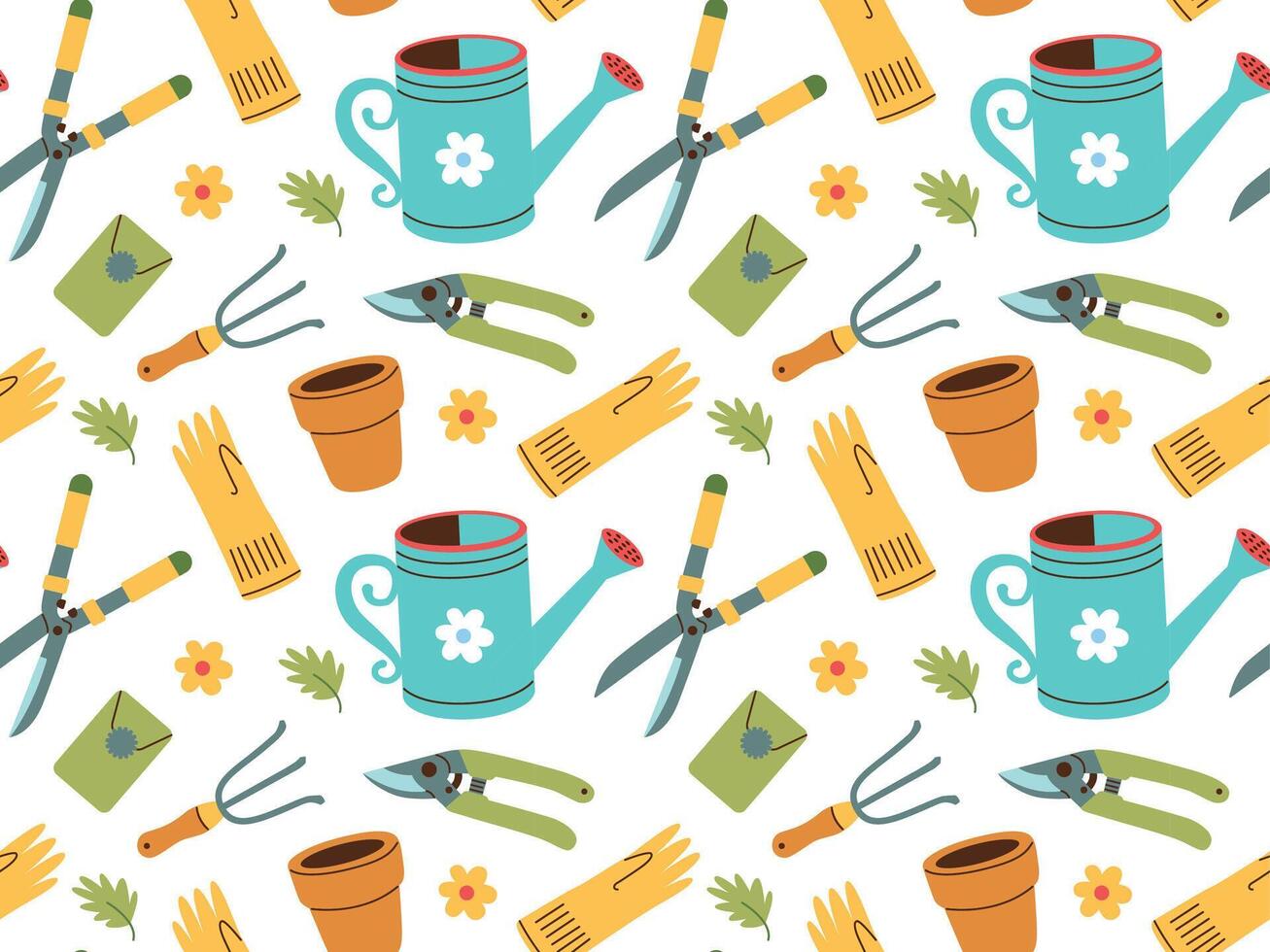 Seamless pattern of gardening items in hand drawn style. Agricultural and garden tools for spring work. vector