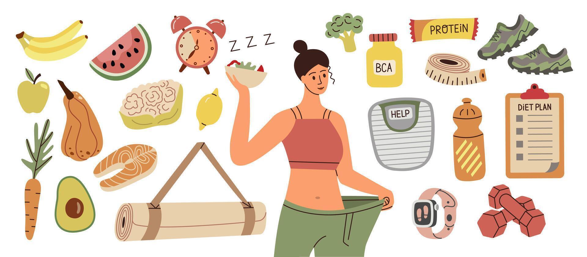 Set of elements for weight loss. Vector illustration of healthy food, sports equipment. Balanced diet for weight loss.