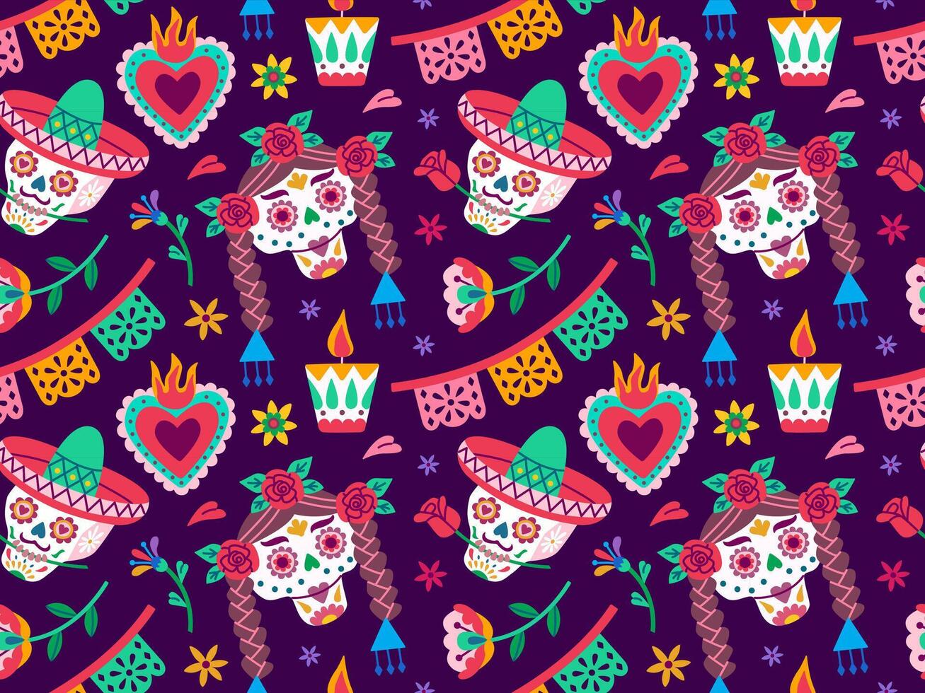 Dia de los Muertos or Day of Dead holiday. Traditional seamless pattern with skull, flowers, candles, garland. vector