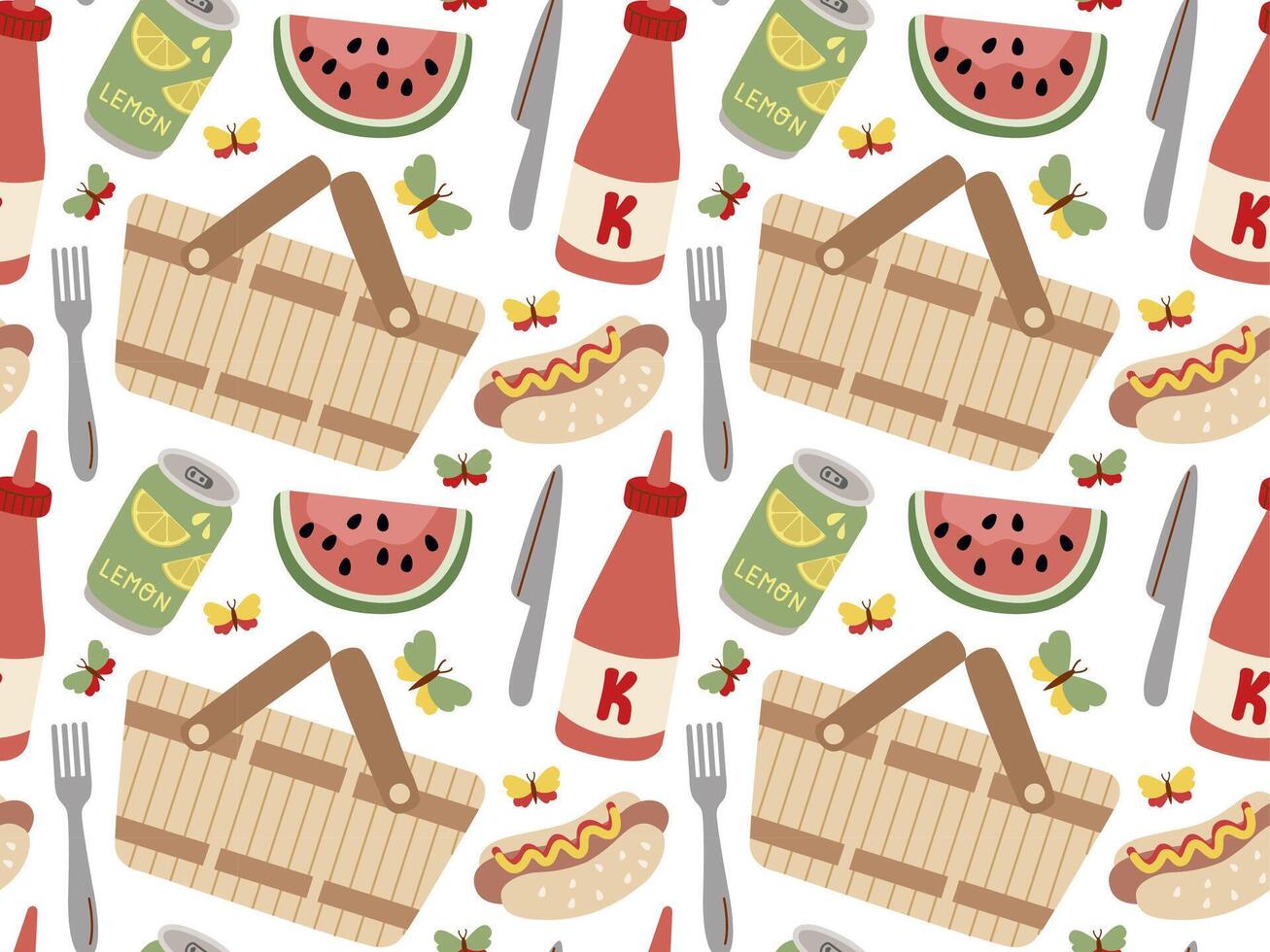 verano y primavera picnic sin costura modelo. Fresco frutas, salsa de tomate, cesta, caliente perro. comida y bebidas ilustración. vector