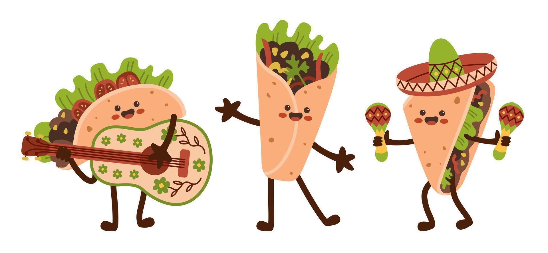 mexicano comida gracioso caracteres colocar. mexico cocina linda contento cara emoticones mascota recopilación. sonriente burrito, tacos vector
