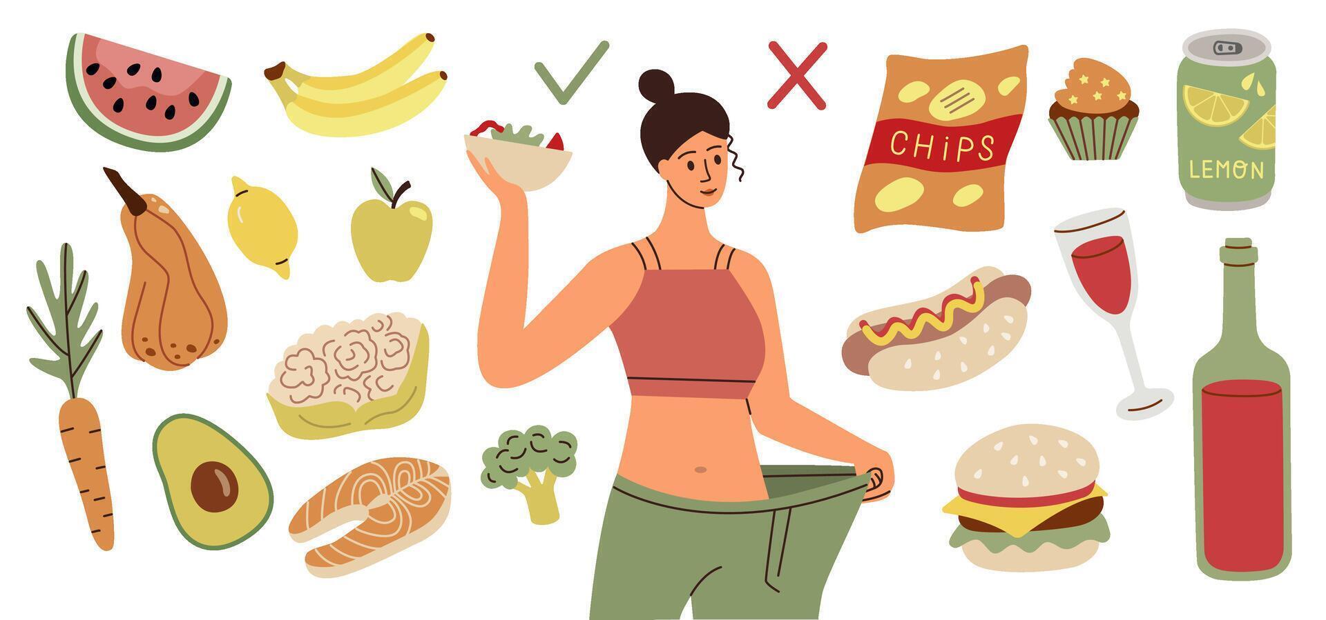 Woman choosing between healthy and unhealthy food. Female character dieting and healthy eating. Vector illustration.