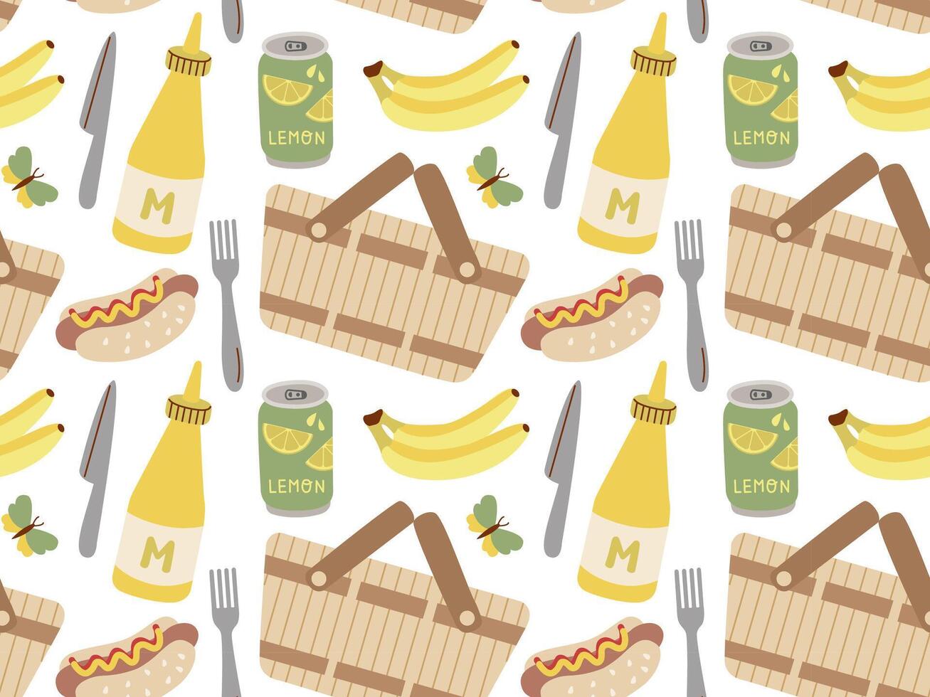 verano y primavera picnic sin costura modelo. Fresco frutas, mostaza, cesta, sándwiches comida y bebidas ilustración. vector