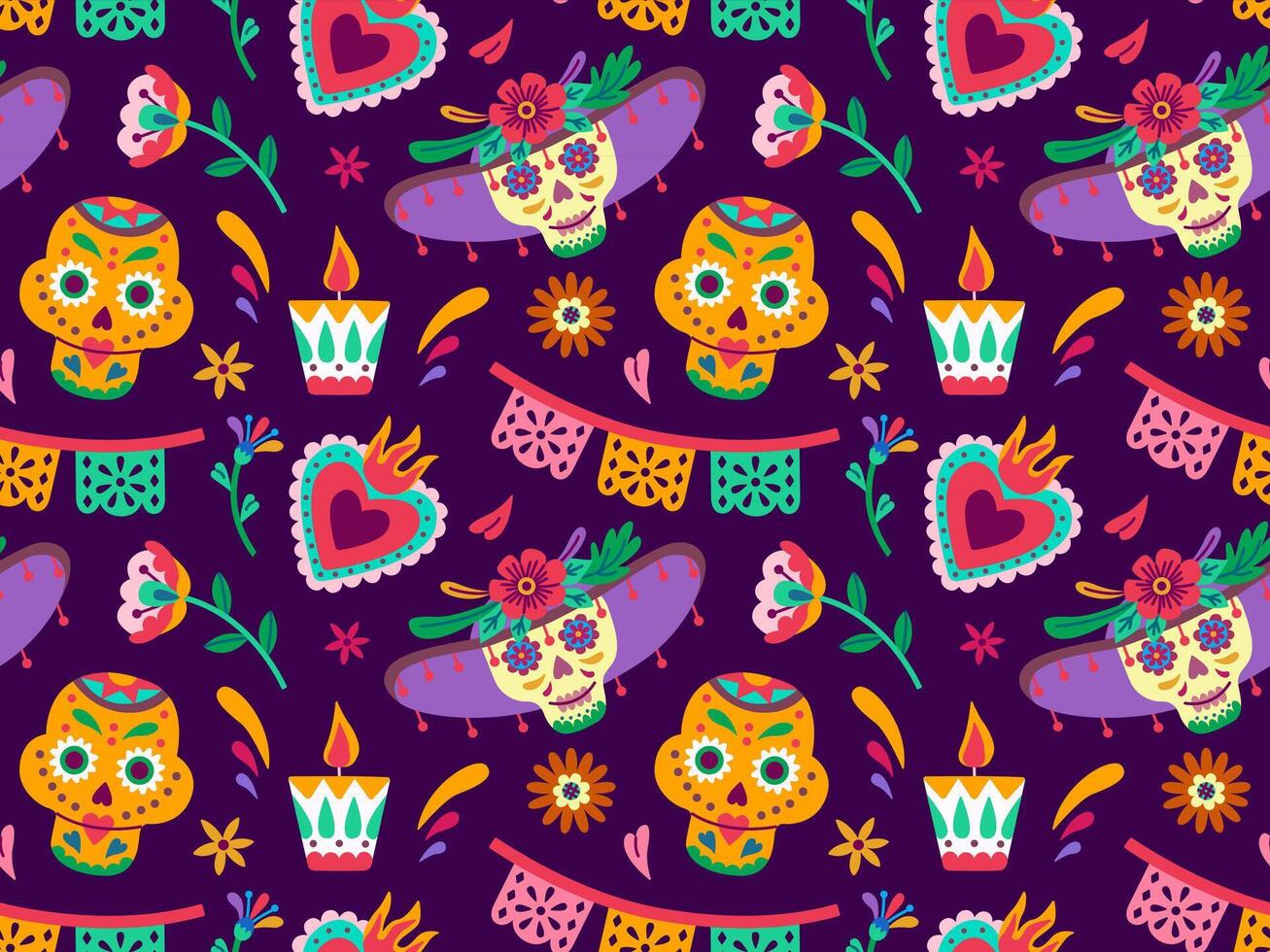 Dia de los Muertos or Day of Dead holiday. Traditional seamless pattern with skull, flowers, candles, garland. vector