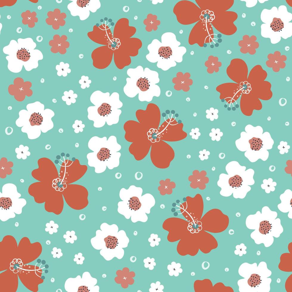 Seamless floral pattern. Beautiful background with bold flowers. Retro colors doodle style natural ornament. Hand drawn vector illustration.