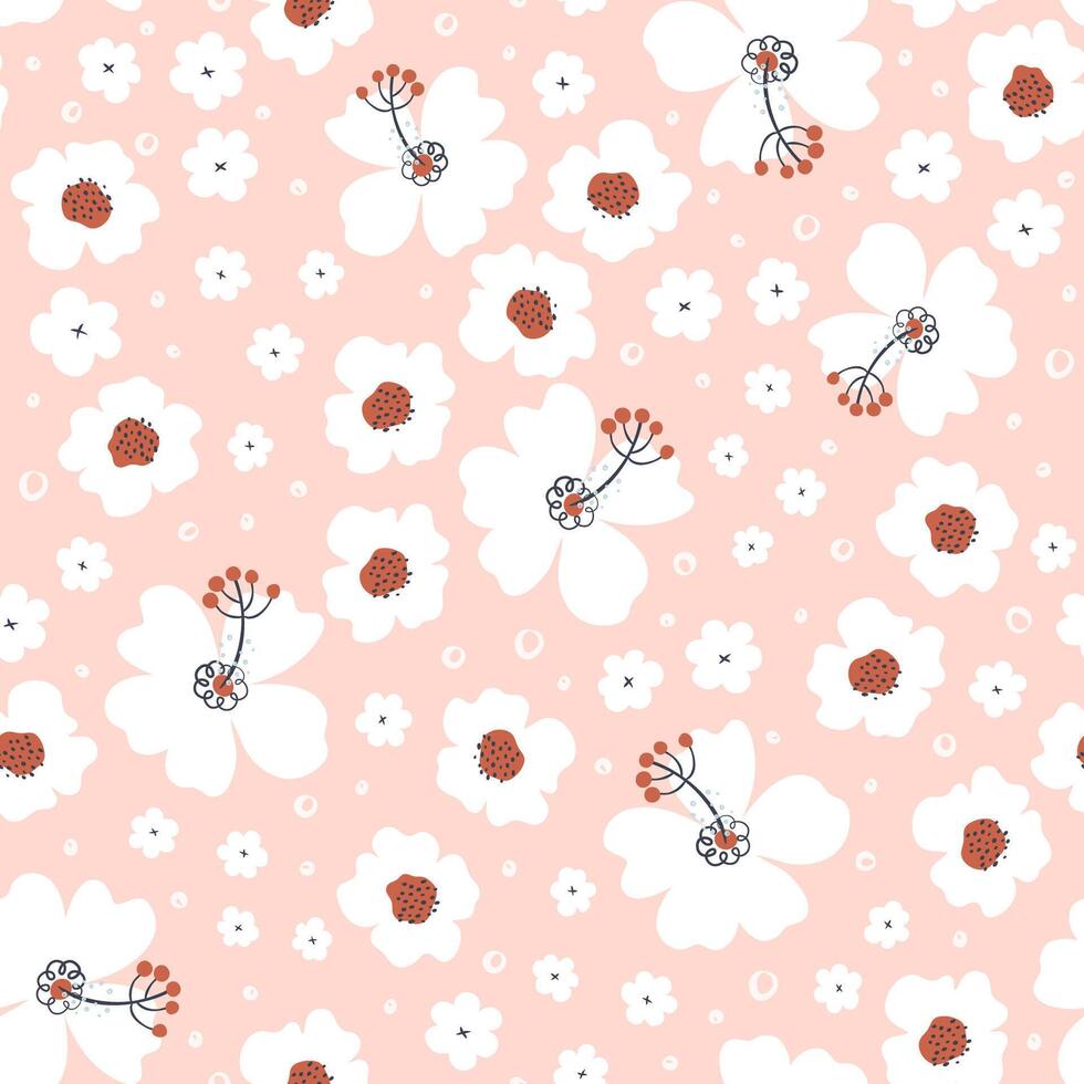 Seamless pattern with hand drawn flowers. Botanical floral simple background. Vector illustration for textile, paper, cover design.