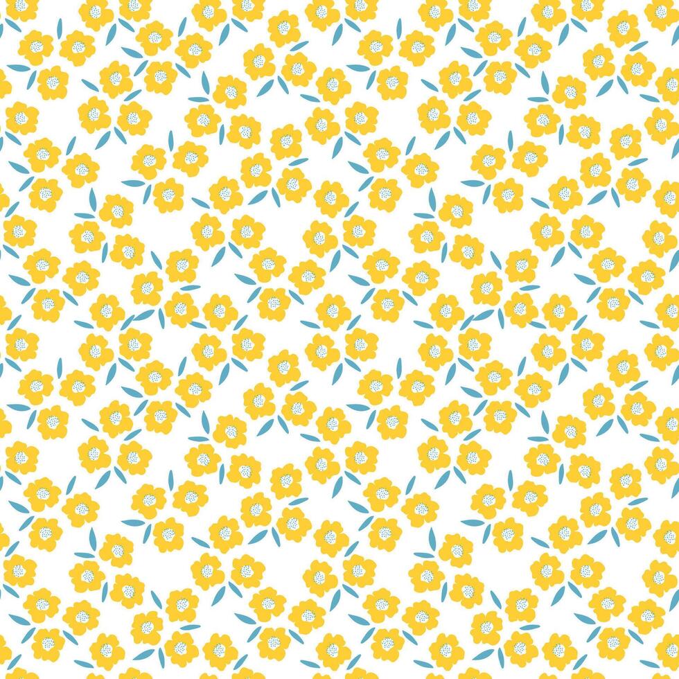 Floral millefleur seamless pattern. Cute tiny yellow flower ornament. Naive art meadow flowers background. Doodle style vector illustration for textile, wallpaper, wrapping paper.