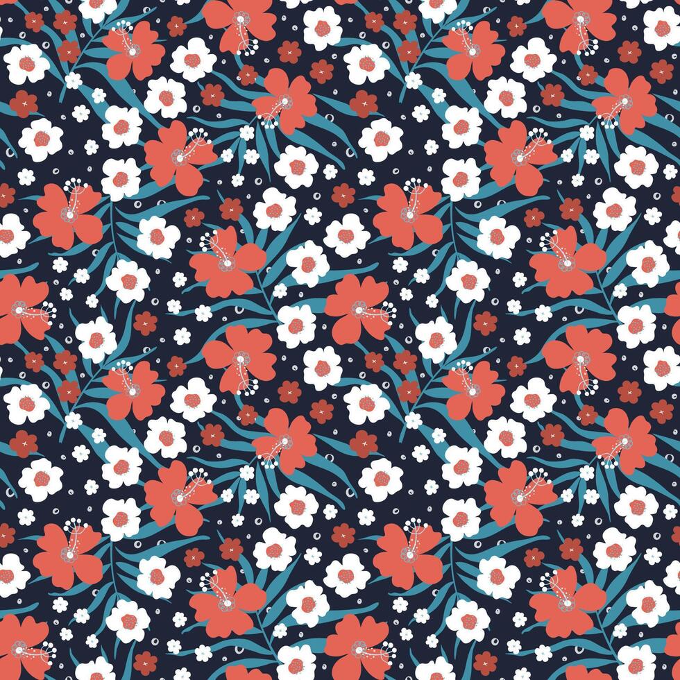 tropical antecedentes. sin costura modelo con flores y palma hojas. ingenuo Arte plantas. floral ornamento para tela diseño, fondo de pantalla, envase papel. mano dibujado vector ilustración en oscuro fondo.