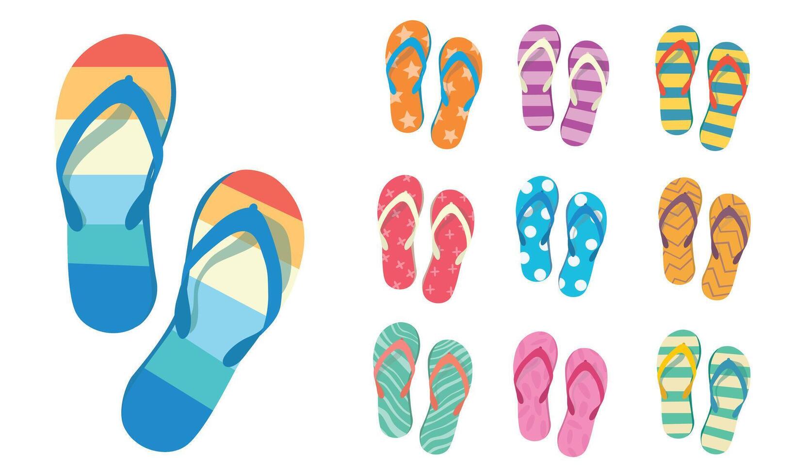 Flip flops flat vector set. Colorful flip flops illustration in cartoon style. Hello summer concept. Summer vacation item. Summer accessories.