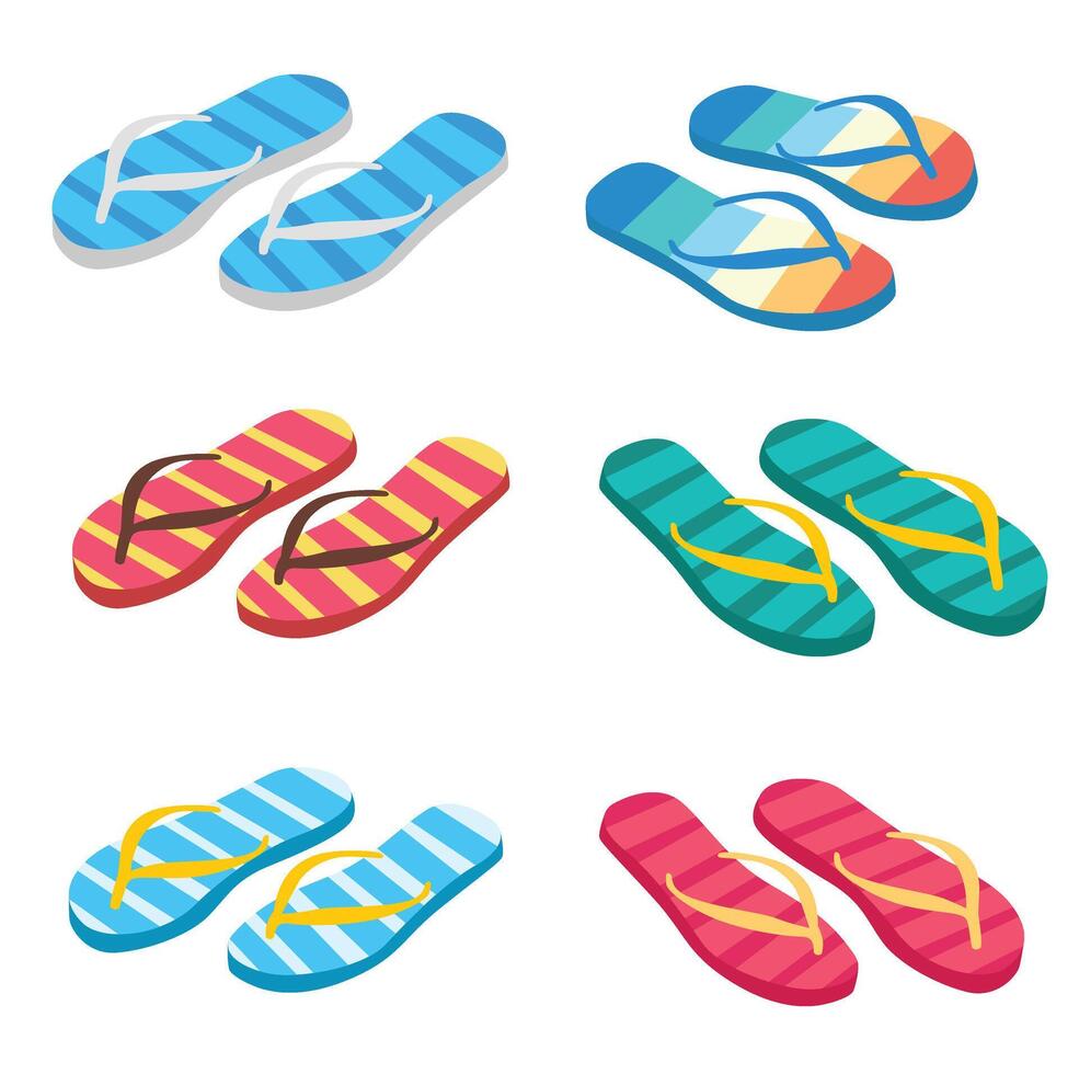 Flip flops flat vector set. Colorful flip flops illustration in cartoon style. Hello summer concept. Summer vacation item. Summer accessories.