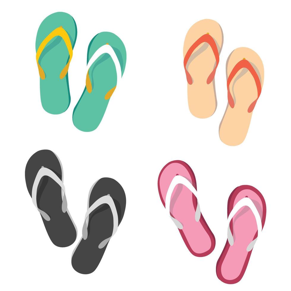Flip flops flat vector set. Colorful flip flops illustration in cartoon style. Hello summer concept. Summer vacation item. Summer accessories.