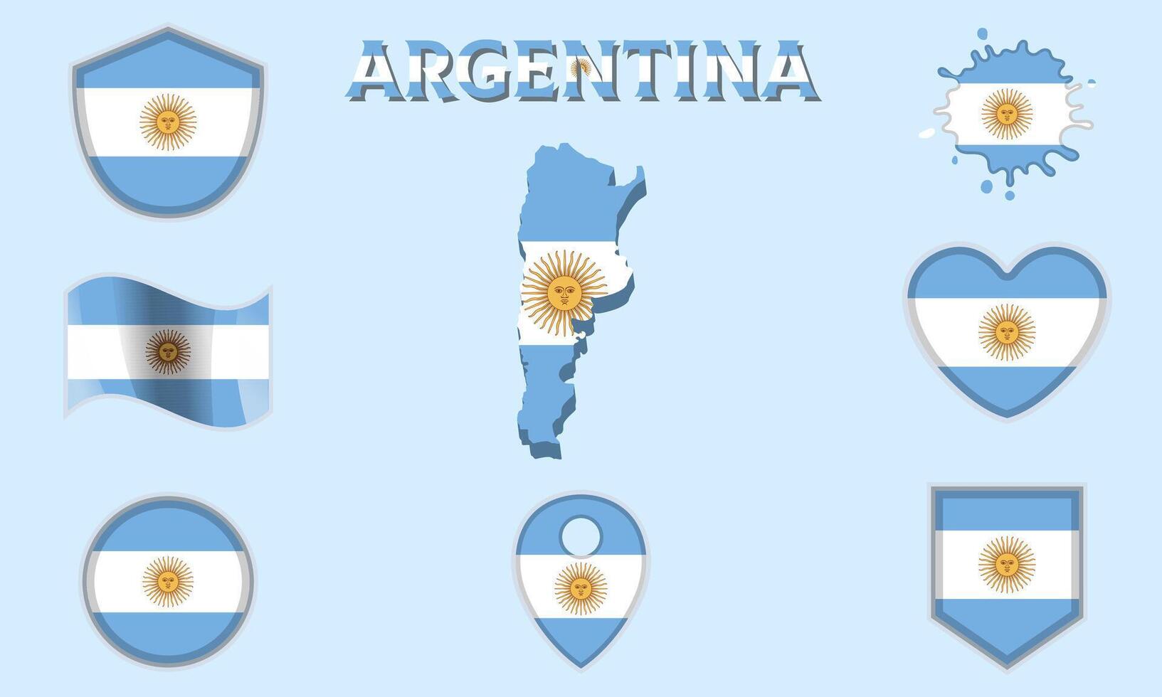 Collection of flat national flags of Argentina with map vector