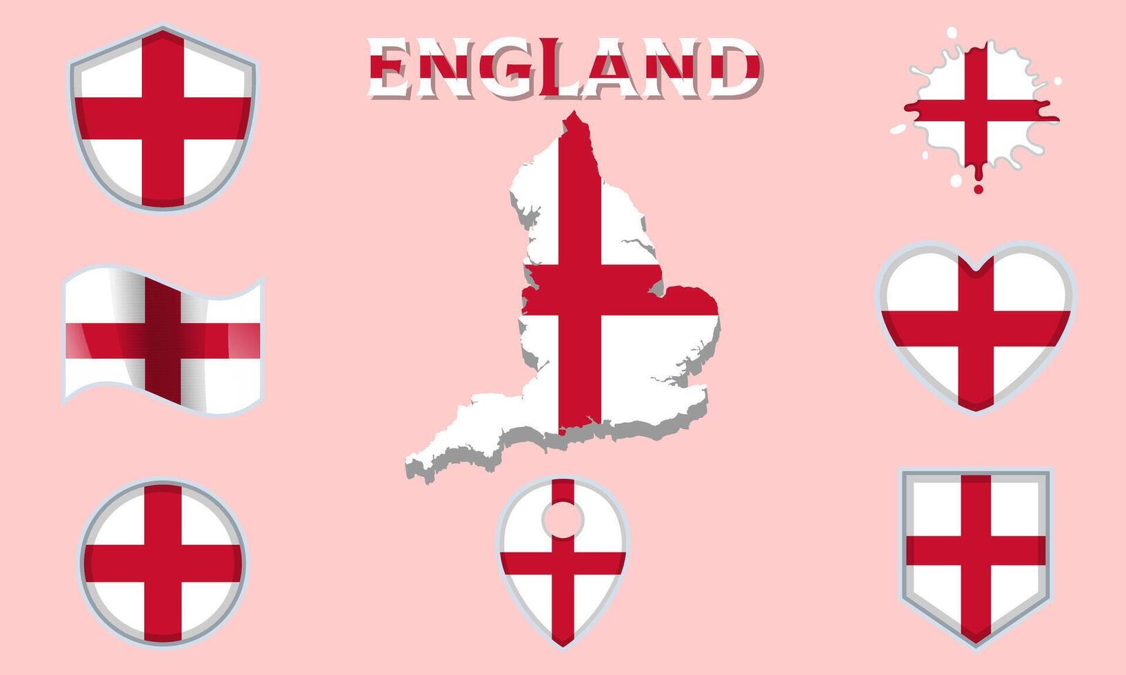 Collection of flat national flags of England with map vector