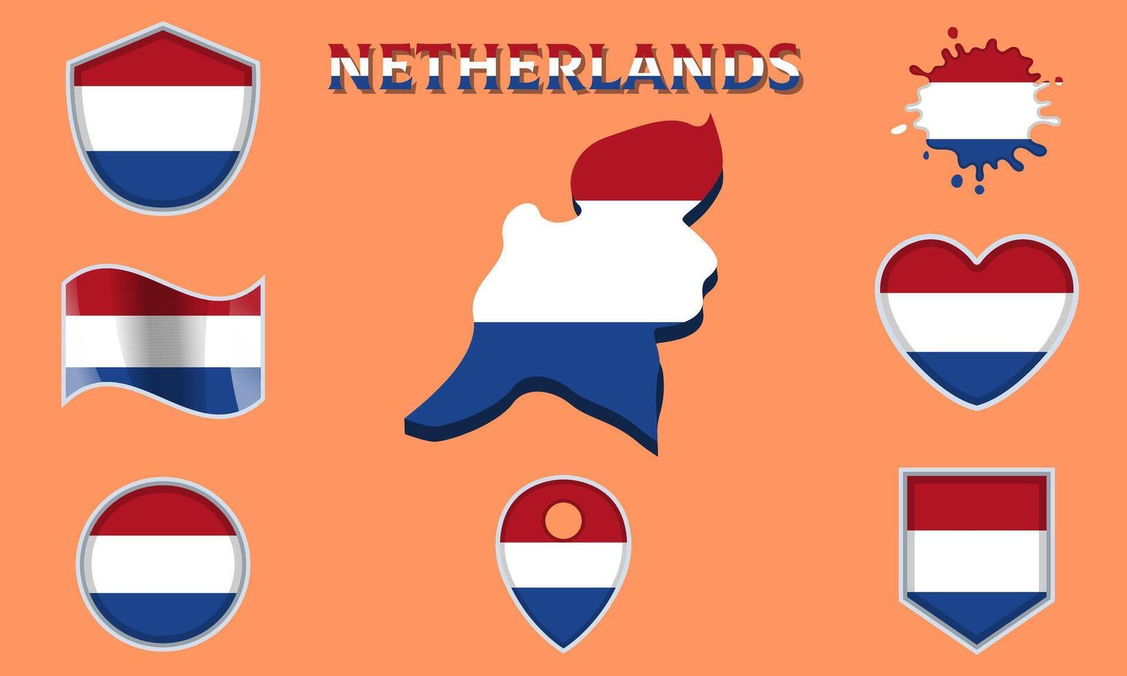 Collection of flat national flags of Netherlands with map vector