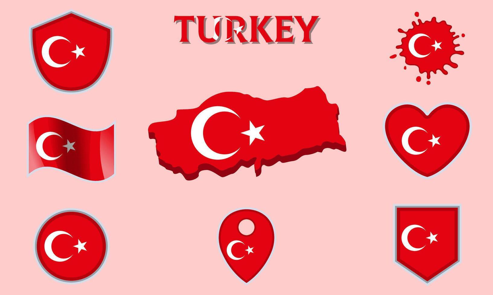 Collection of flat national flags of Turkey with map vector
