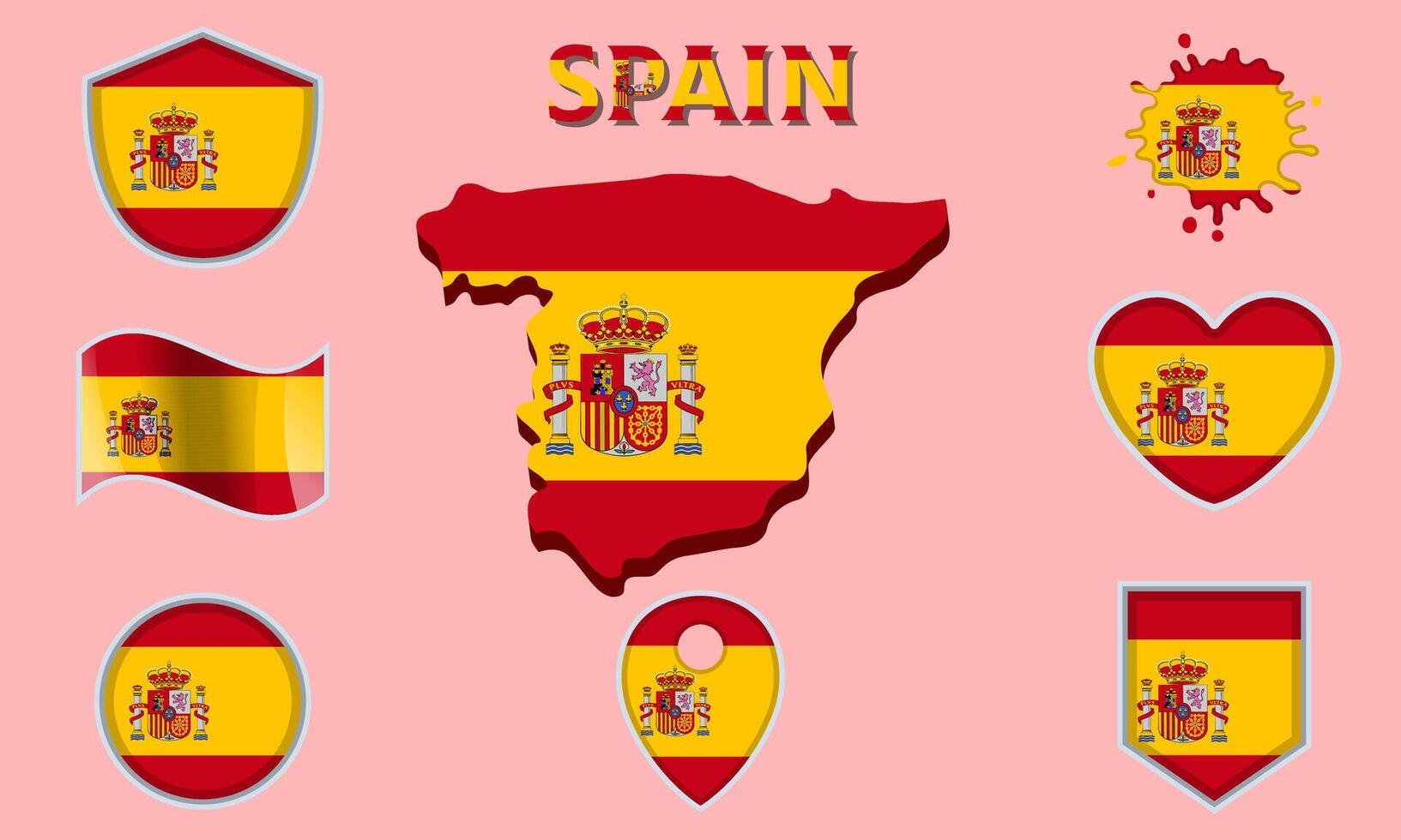 Collection of flat national flags of Spain with map vector