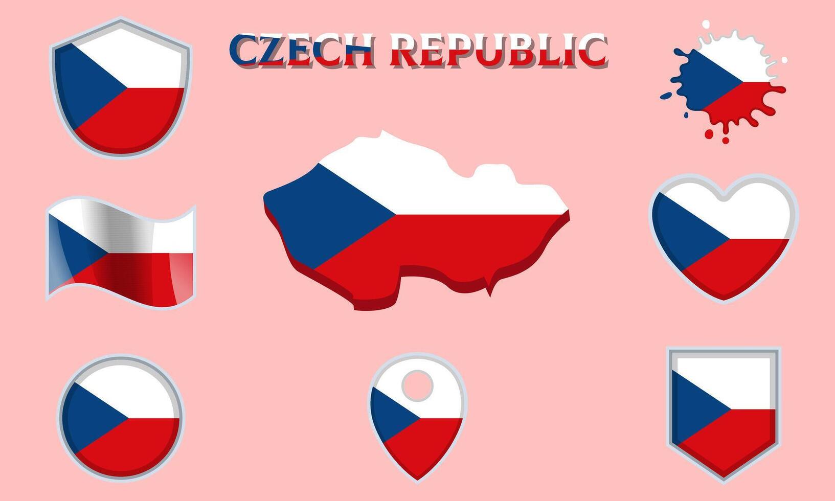 Collection of flat national flags of Czech Republic with map vector