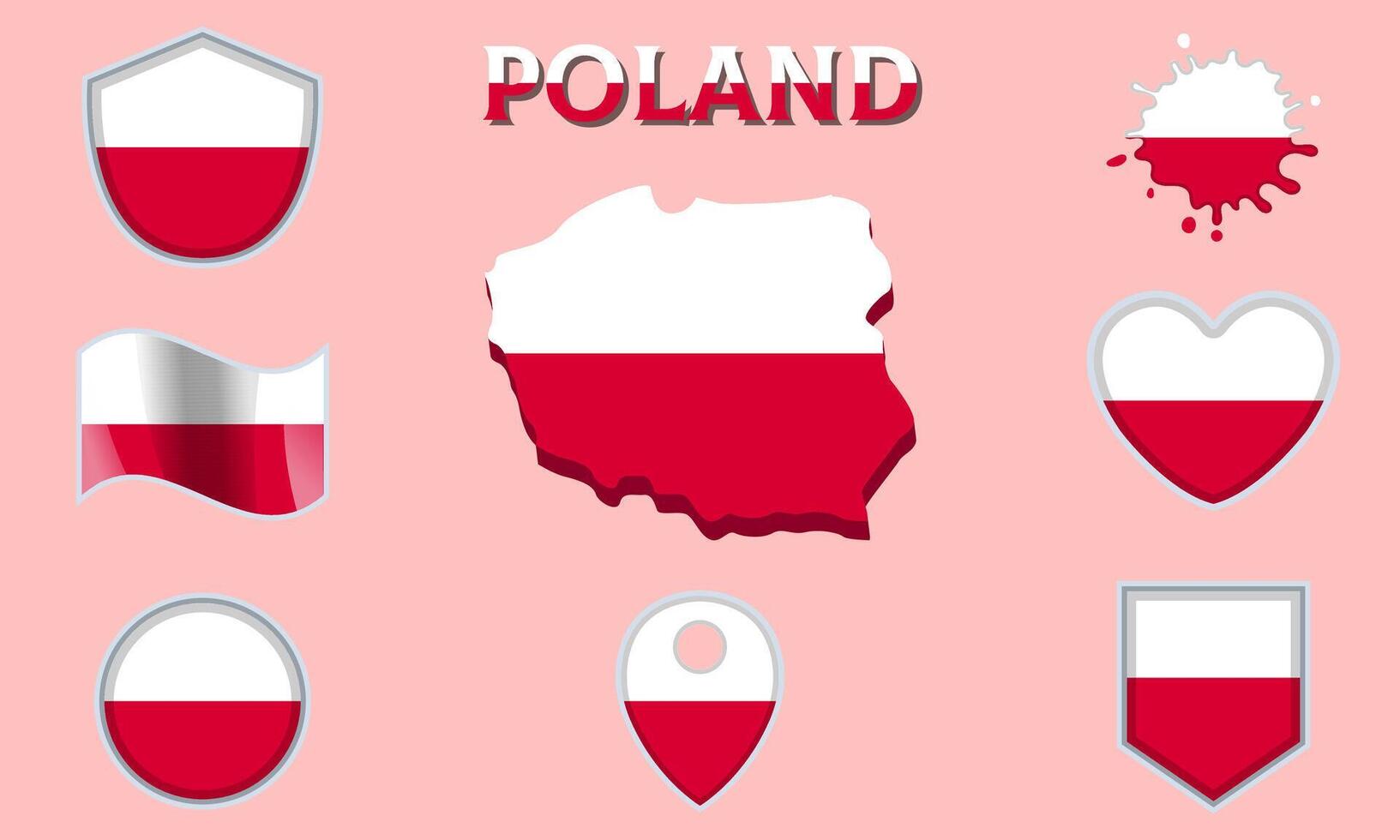 Collection of flat national flags of Poland with map vector