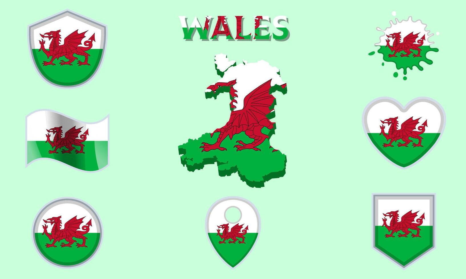 Collection of flat national flags of Wales with map vector