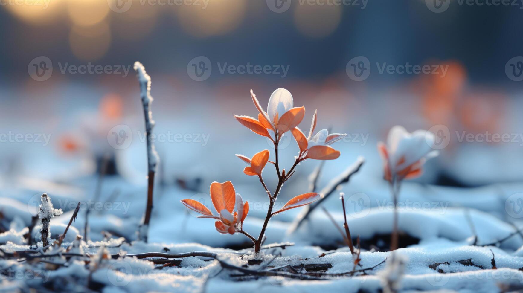 AI generated Sprout plant covered by snow on winter season photo