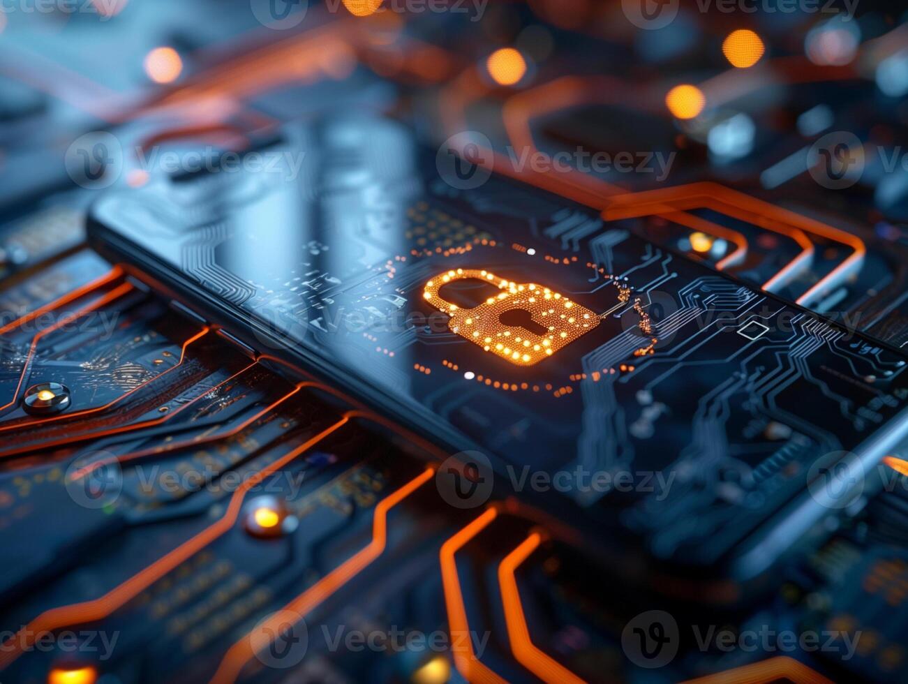 AI generated smartphone with cyber security on display. lock protection on your device. photo