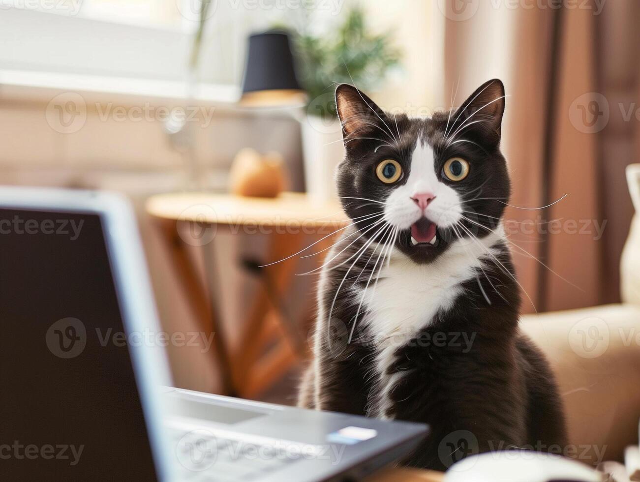 AI generated surprise or shock facial expression of cat after watching laptop photo