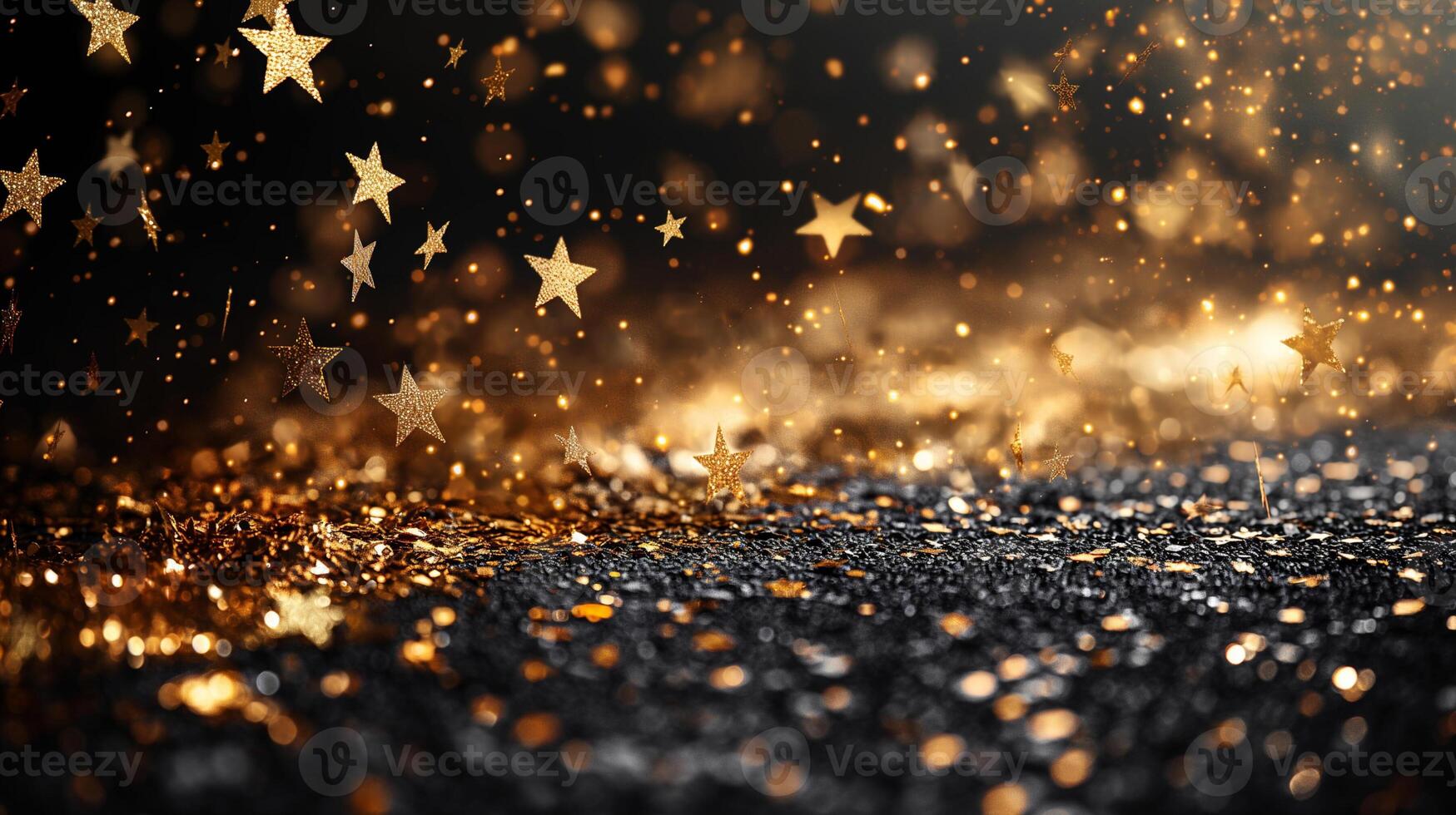 AI generated Golden stars background with golden particles flying around and golden light shine particles bokeh on dark background. photo