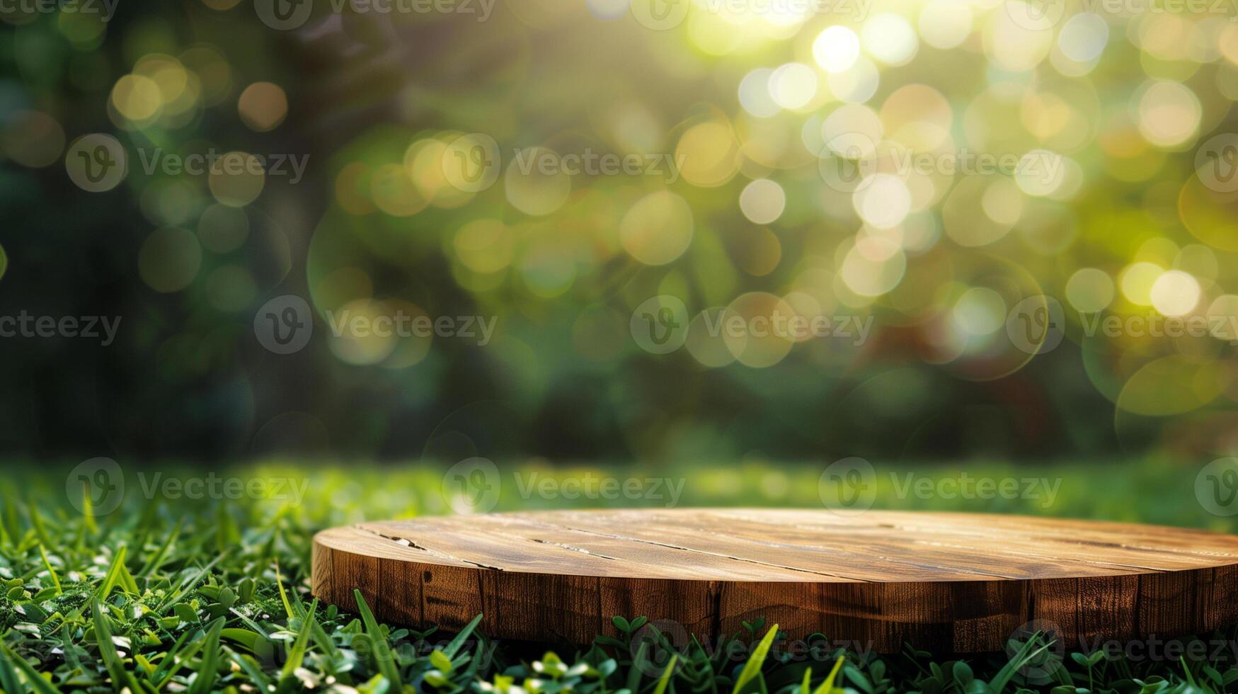 AI generated simple round wood podium on green grass with greenery as background photo