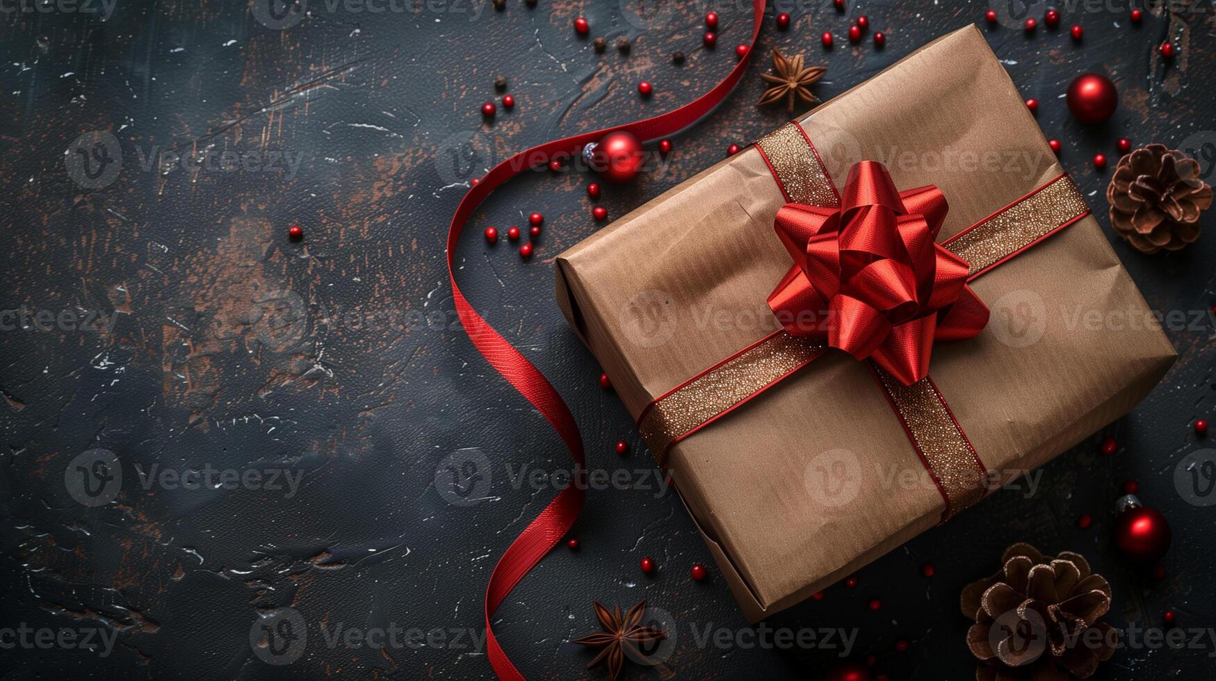 AI generated Flat lay composition of present box decorated with red ribbon and red bell and copy space for text. photo