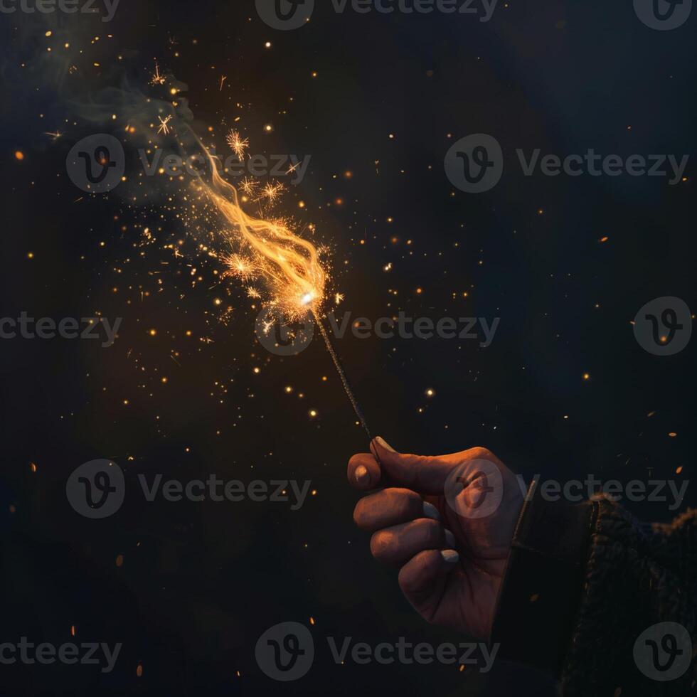 AI generated hand holding sparkler at night background. photo