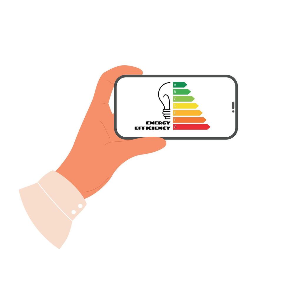 Hand holding phone horizontally wih energy rating consumption app on screen. Lightbulb icon vector