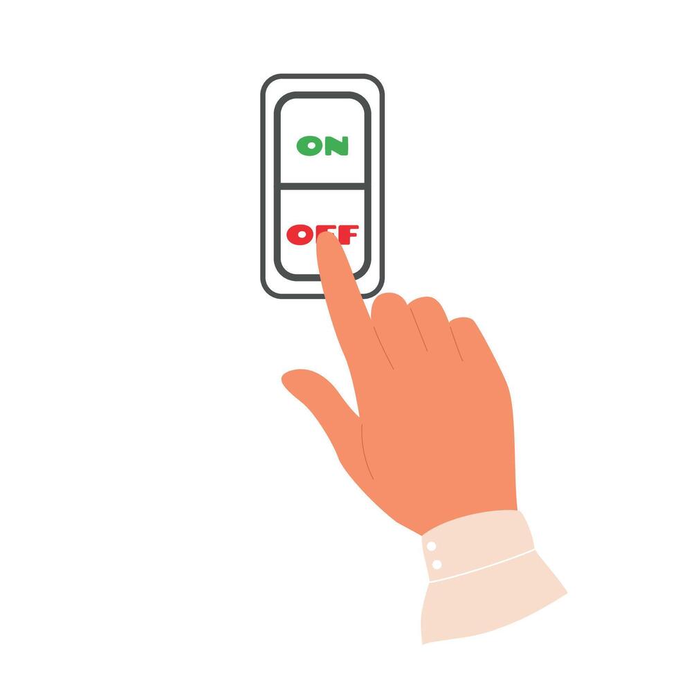 Hand turning off switch for energy saving. Save energy concept. Finger pressing electric button. Vector