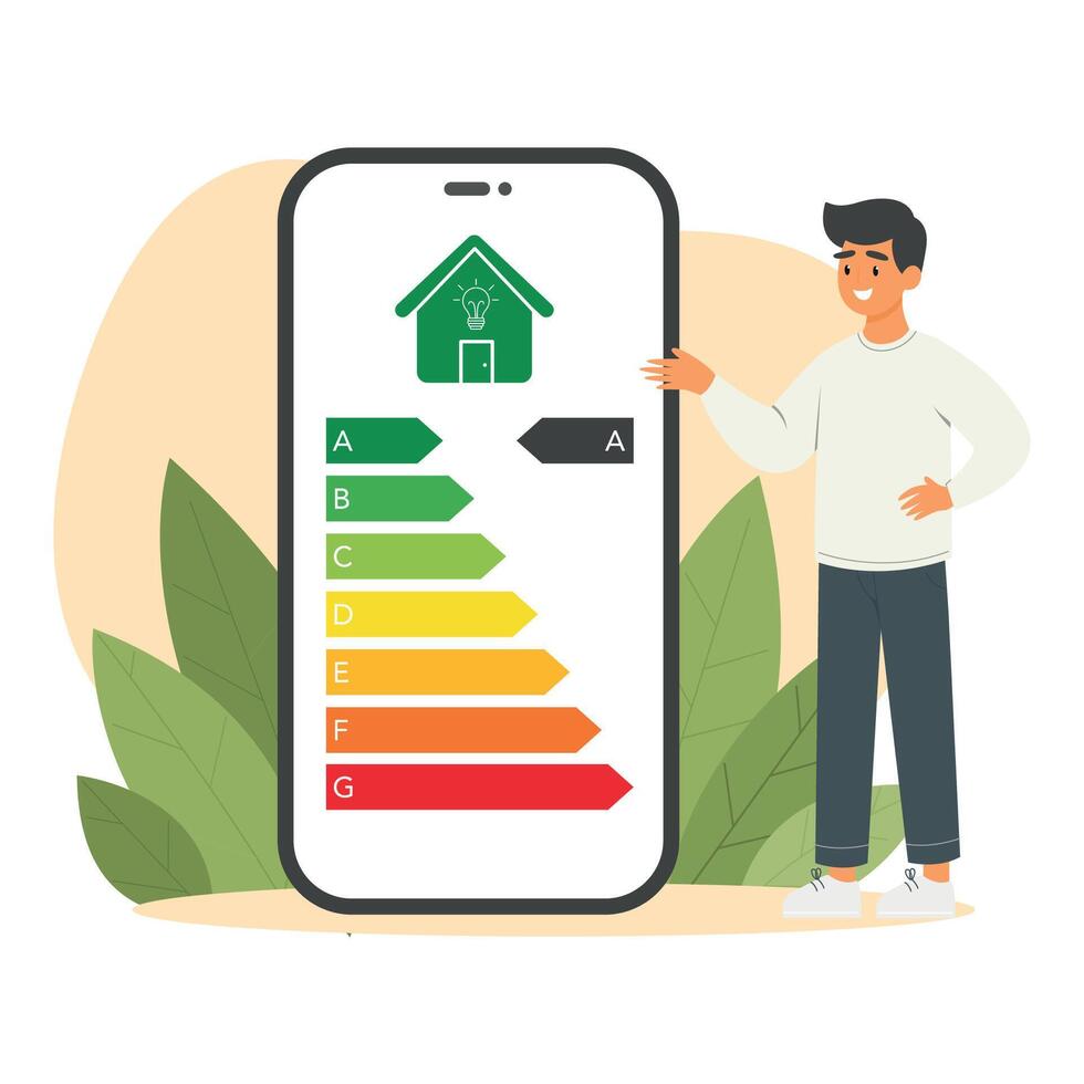 Man controls energy efficiency usage with mobile app. Energy rating class. Eco friendly energy consumption. Vector illustration.