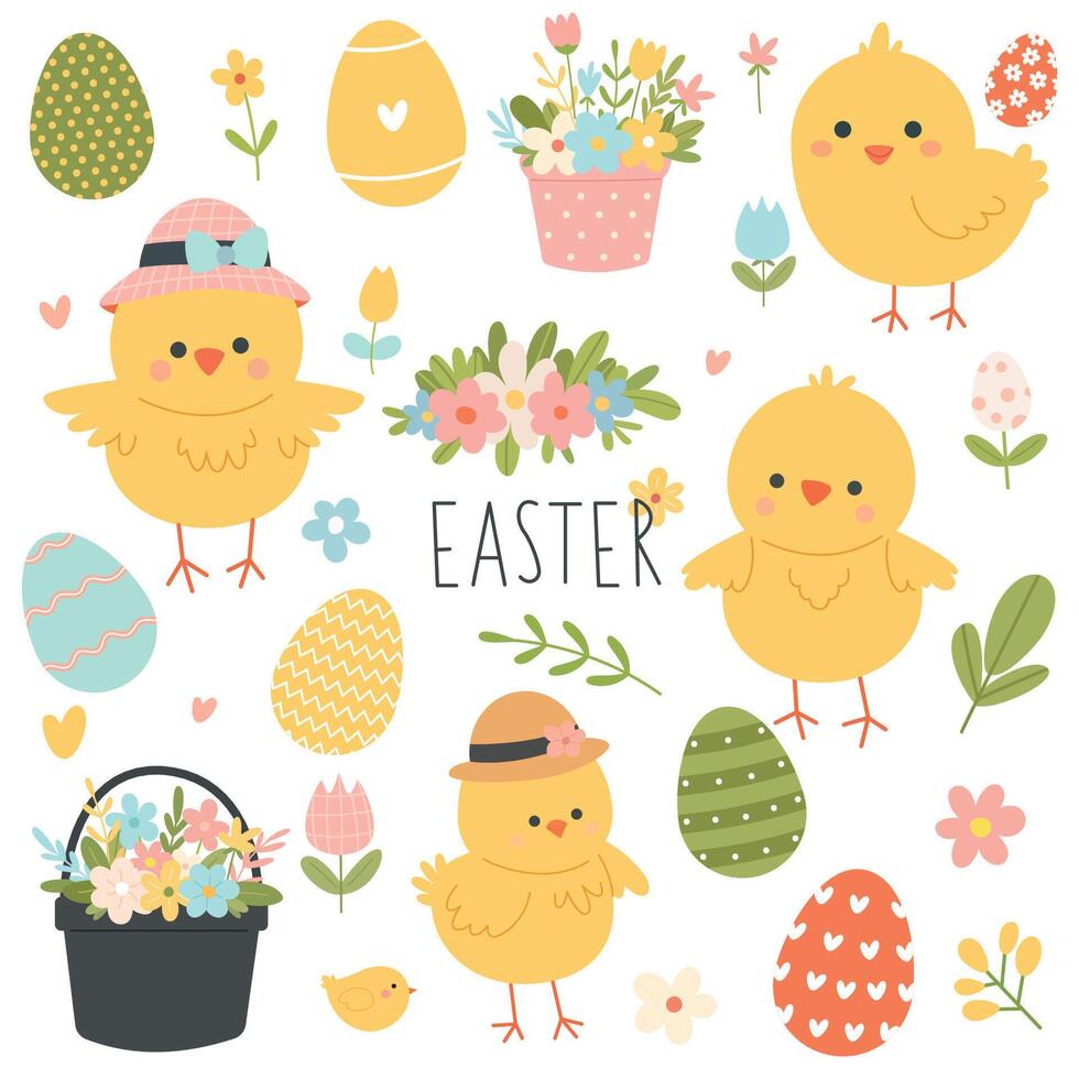 Happy easter bundle. Chicks, colorful eggs and flowers in hand drawn style. Cartoon flat vector holiday illustration