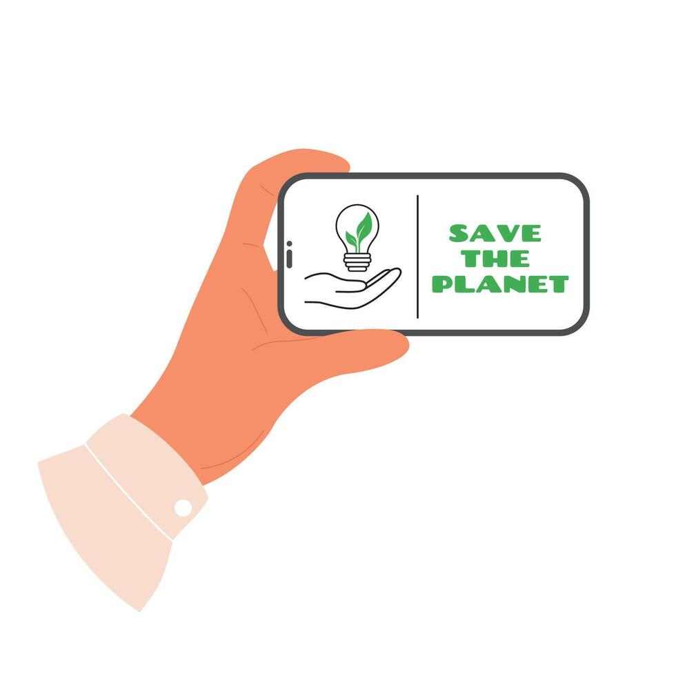 Save the planet concept. Hand hold phone with save energy icon. Hand with lightbulb with green leaves inside. vector