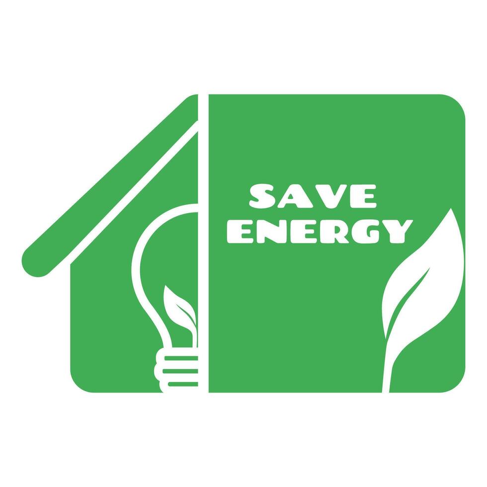 salvar energía icono. energía etiqueta con hoja y casa símbolo con bombilla adentro. eco simpático vector