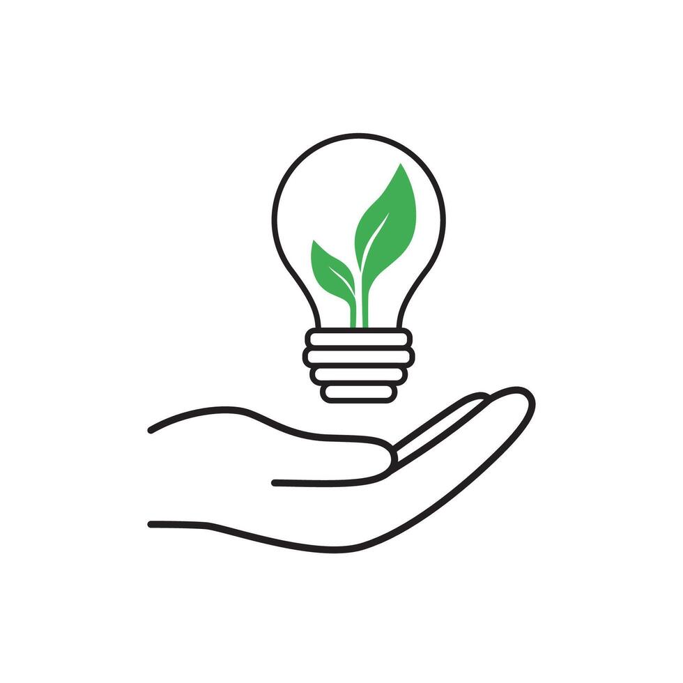 Hand holds lightbulb icon with green leaves inside. Save energy icon. Vector illustration