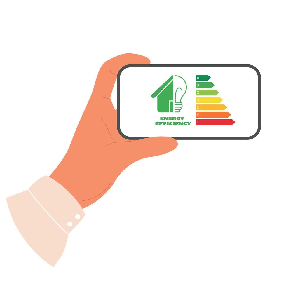 Hands hold phone with energy efficiency icon on screen. Energy consumption rating. Half house and Lightbulb label vector