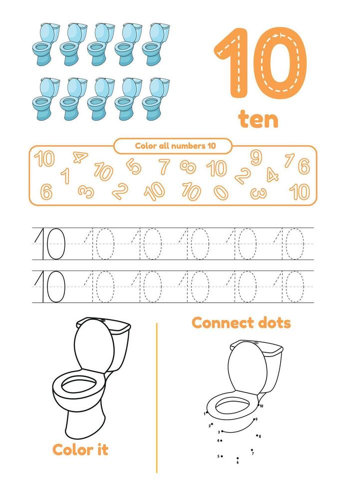 Many games on one page for kids education. Color page, connect dots, trace. Learning number 10 vector