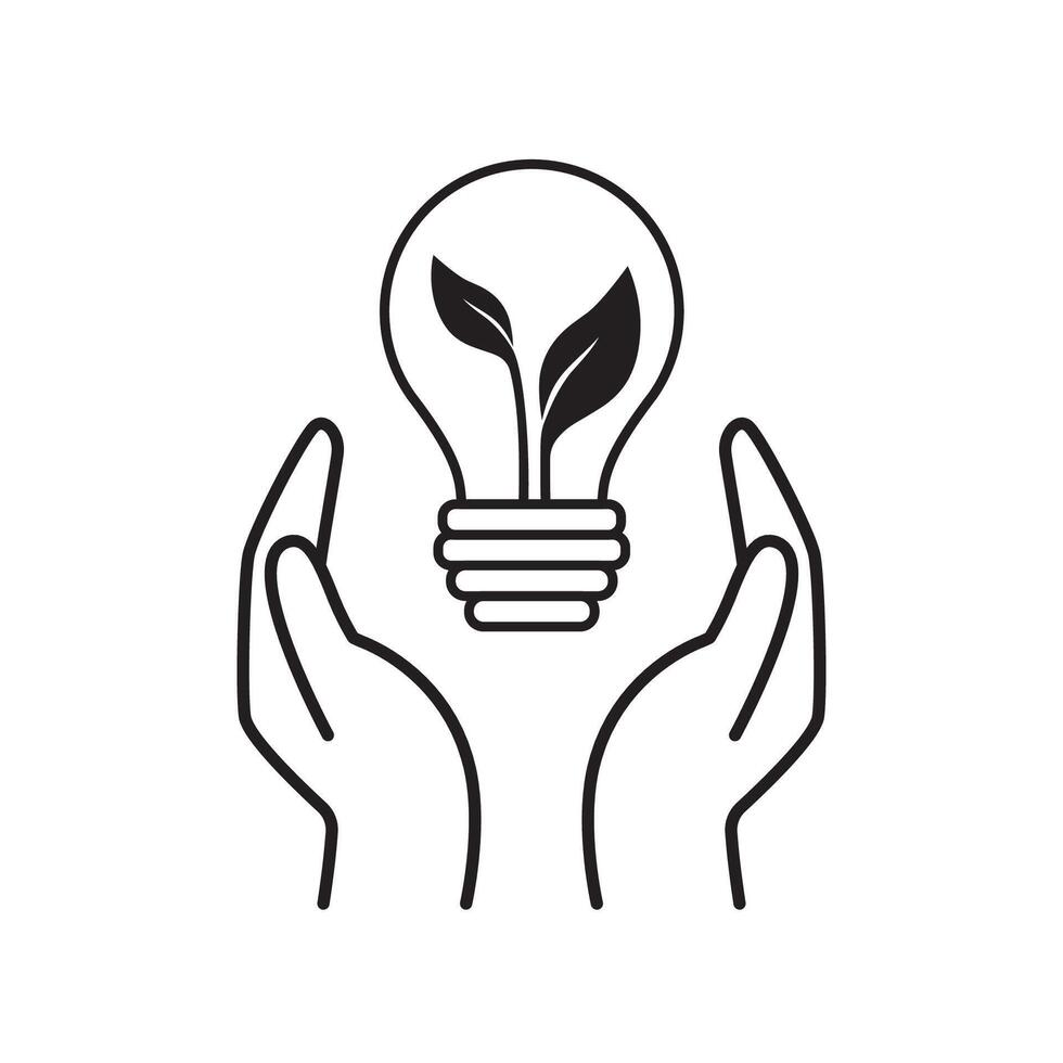 Hands hold lightbulb with leaves inside. Eco friendly green energy icon. Save energy. Vector illustration